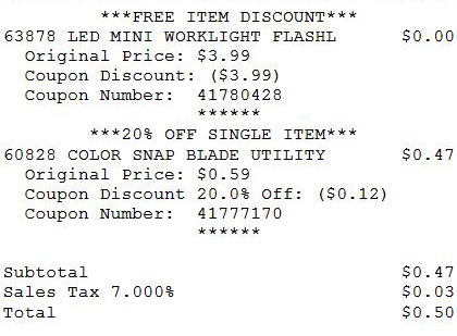 Harbor Freight Multiple Coupons Receipt